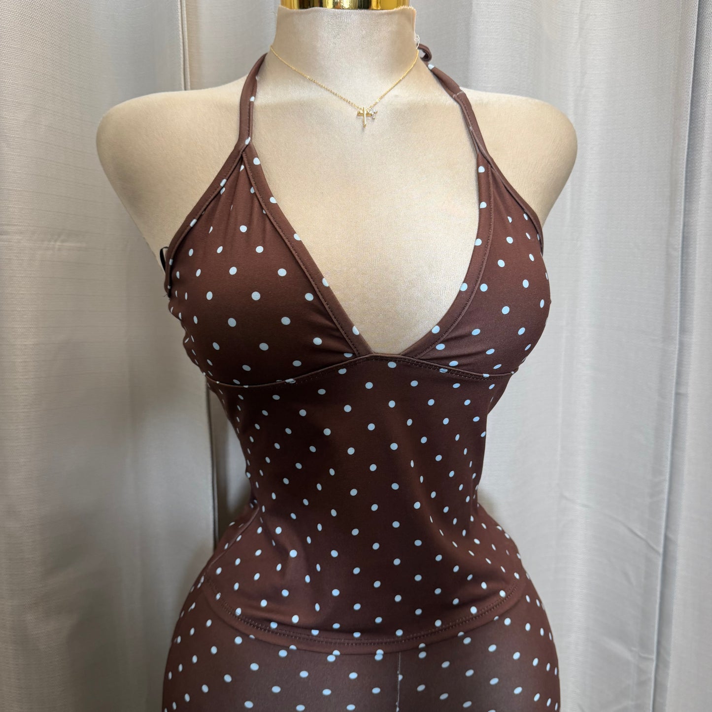 Halter Polkadot Capri Set-Brown/Blue