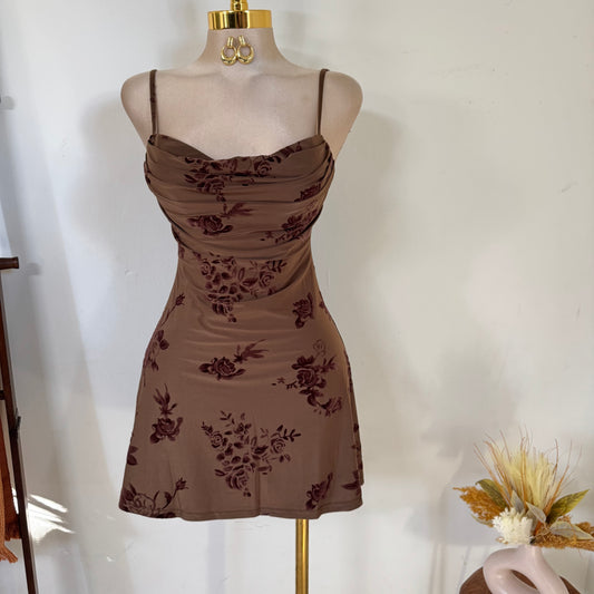 Bustier Cowl Neck SPGT Flare Mini Dress-Mocha