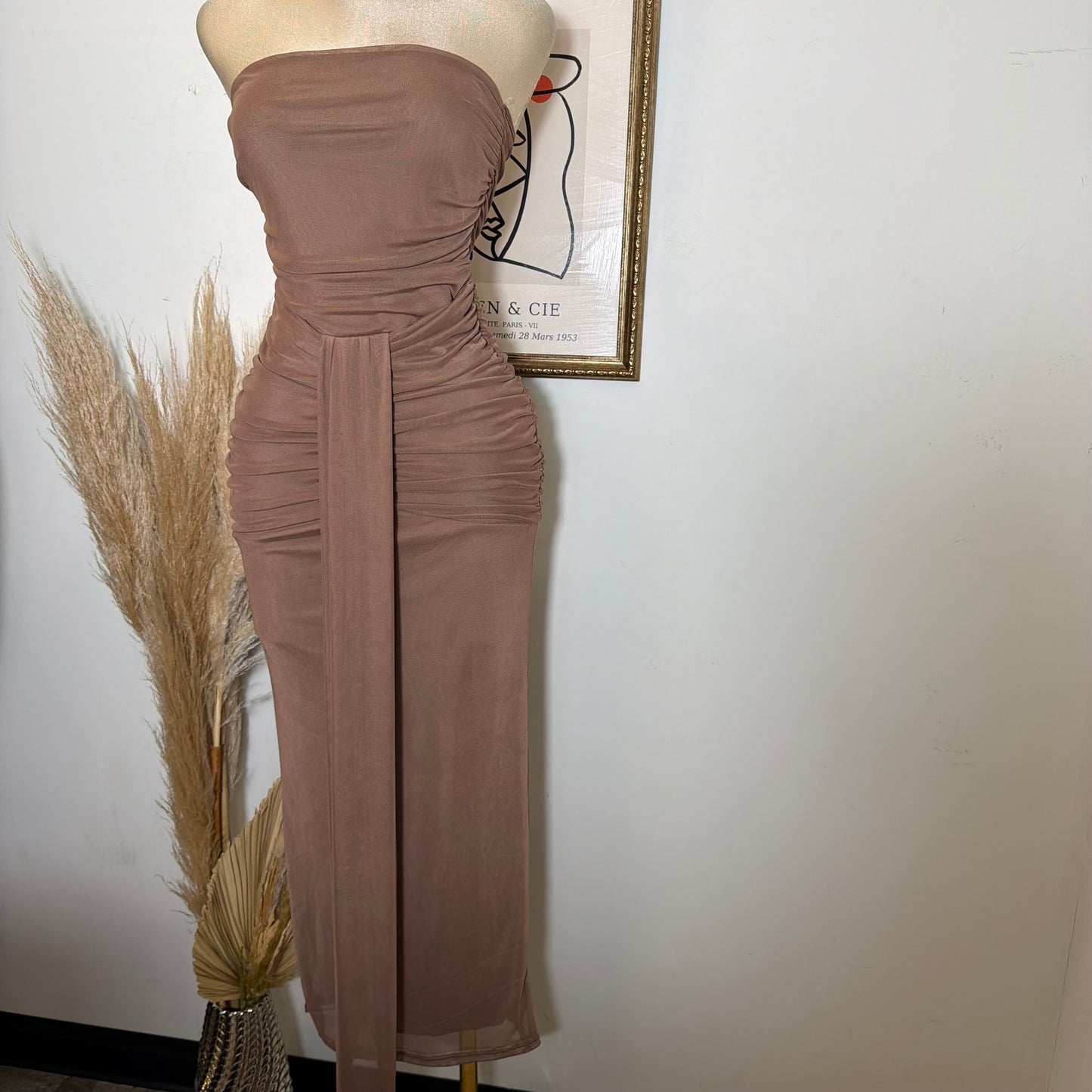 Solid Mesh Tube Maxi Dress-Brown