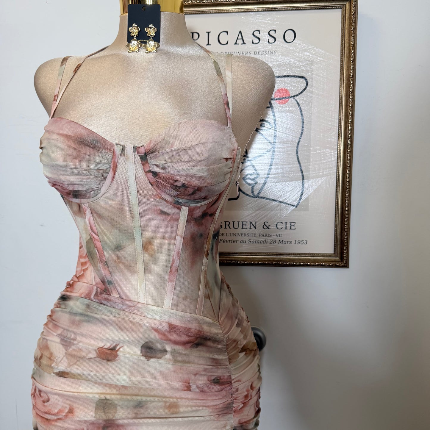 Ruched Asymmetric Corset Gown in Floral Mesh Print-Peachy /Nude