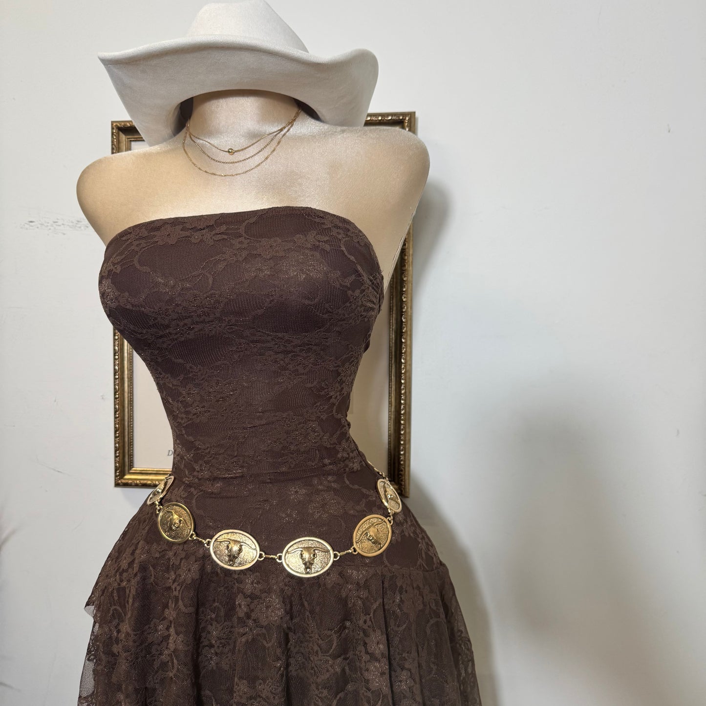 Lace Double Layer Ruffle Asymmetrical Maxi Dress-Brown