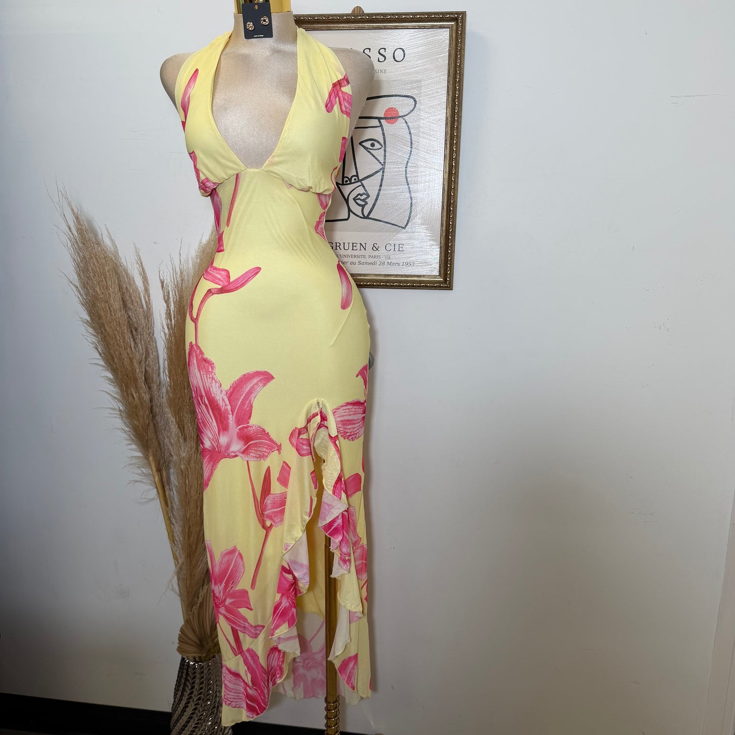 Halter Mesh Open Back Dress-Yellow Combo