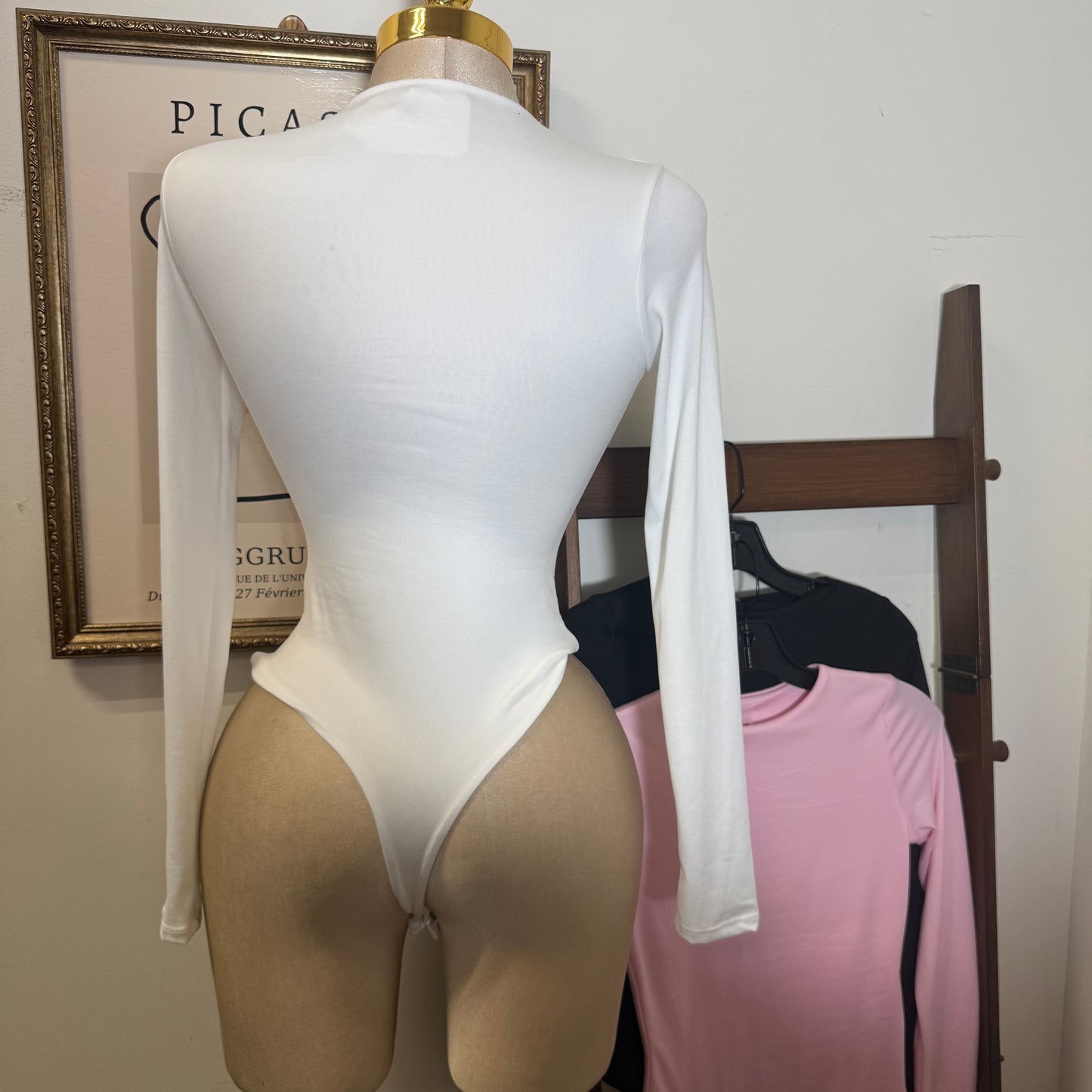 Long Sleeve Crew Neck Thong Bodysuit-White
