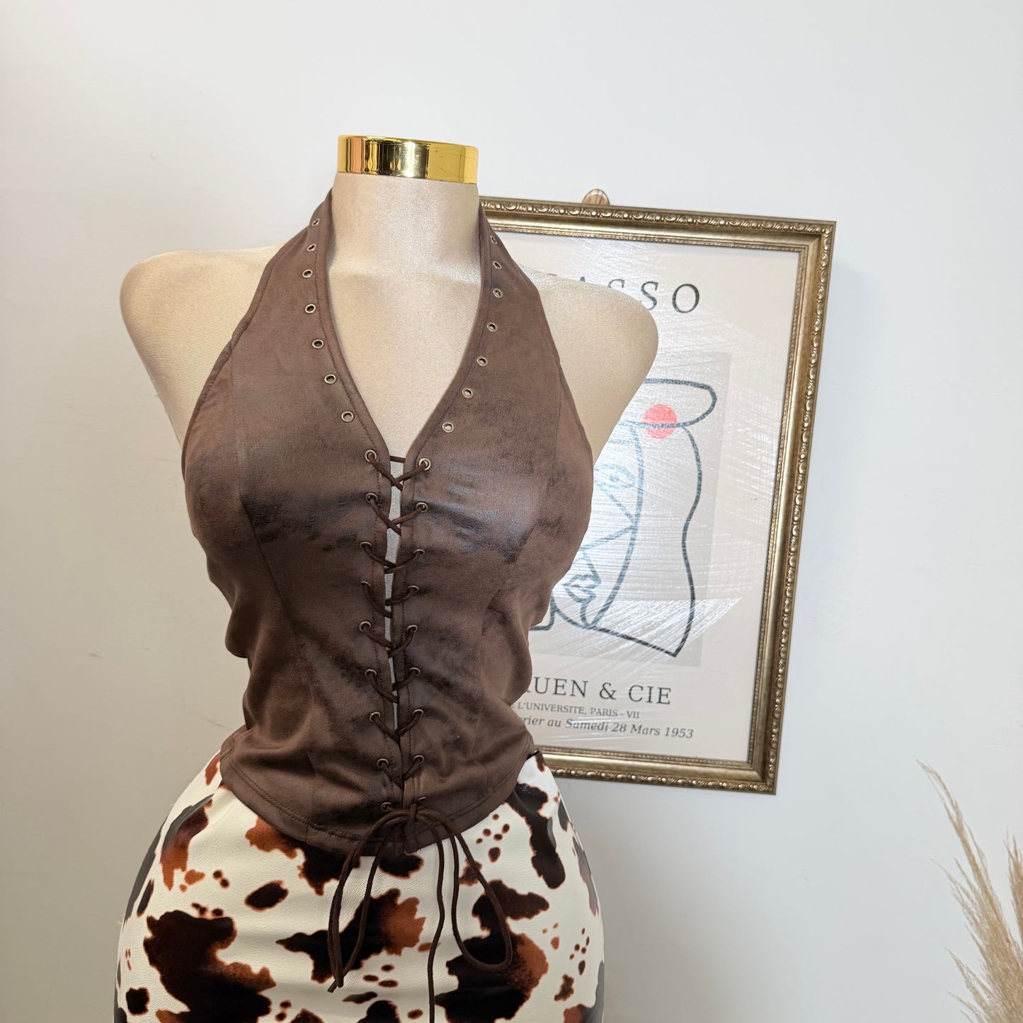 Tie Front Suede Crop Top-Chocolate