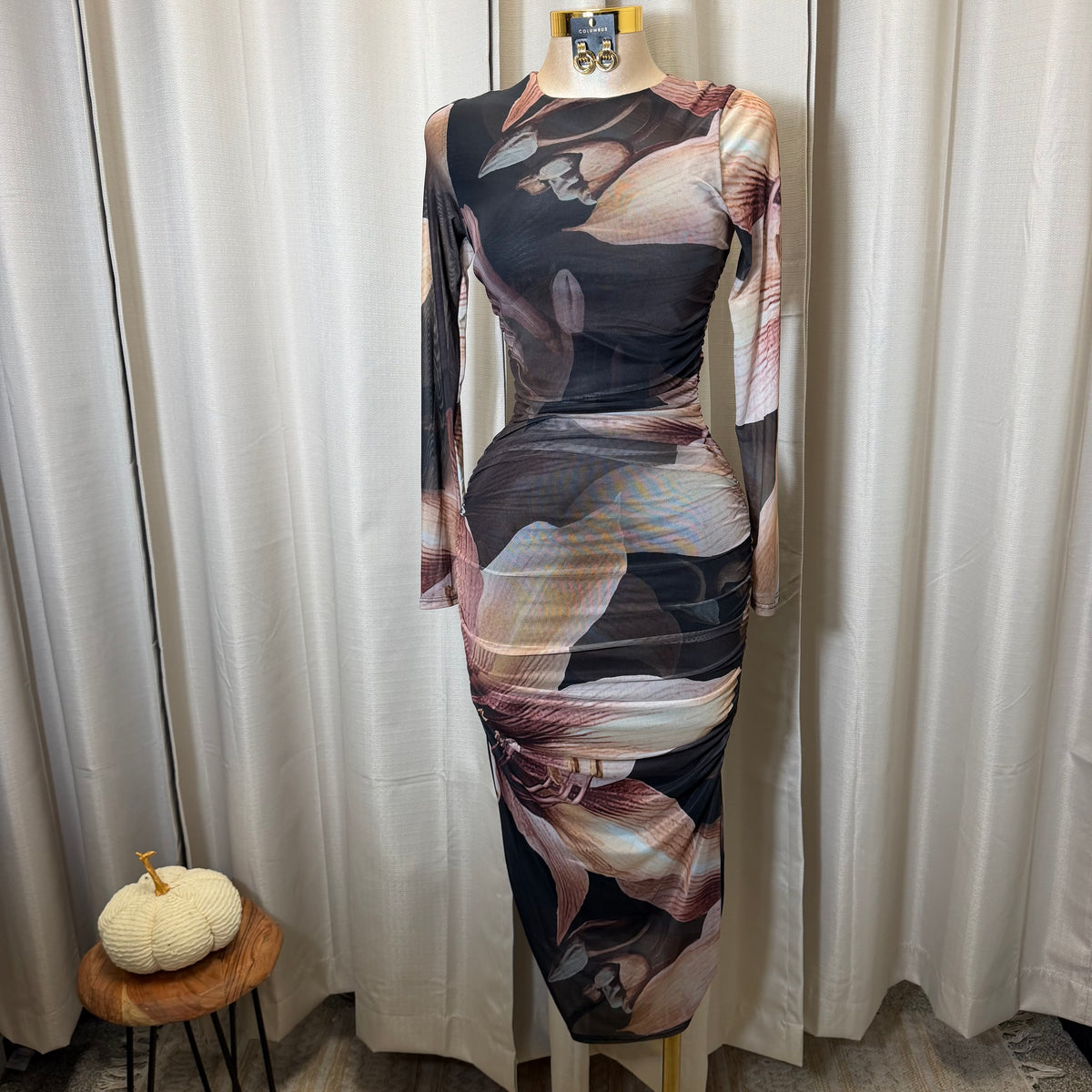 Big Flower Mesh Shirring Midi Dress-Brown Combo