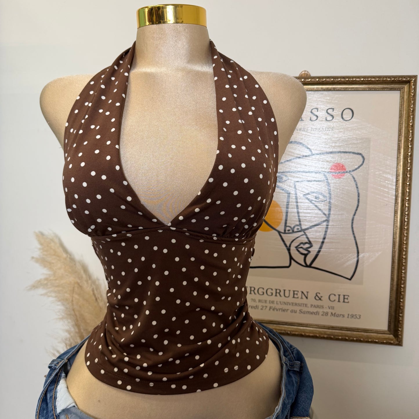 Polka Dot Halter Neck Top-Brown