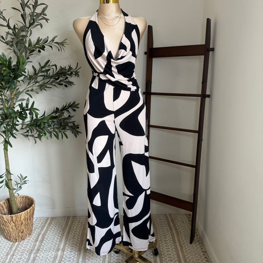 Halter Jumpsuit-Black/White