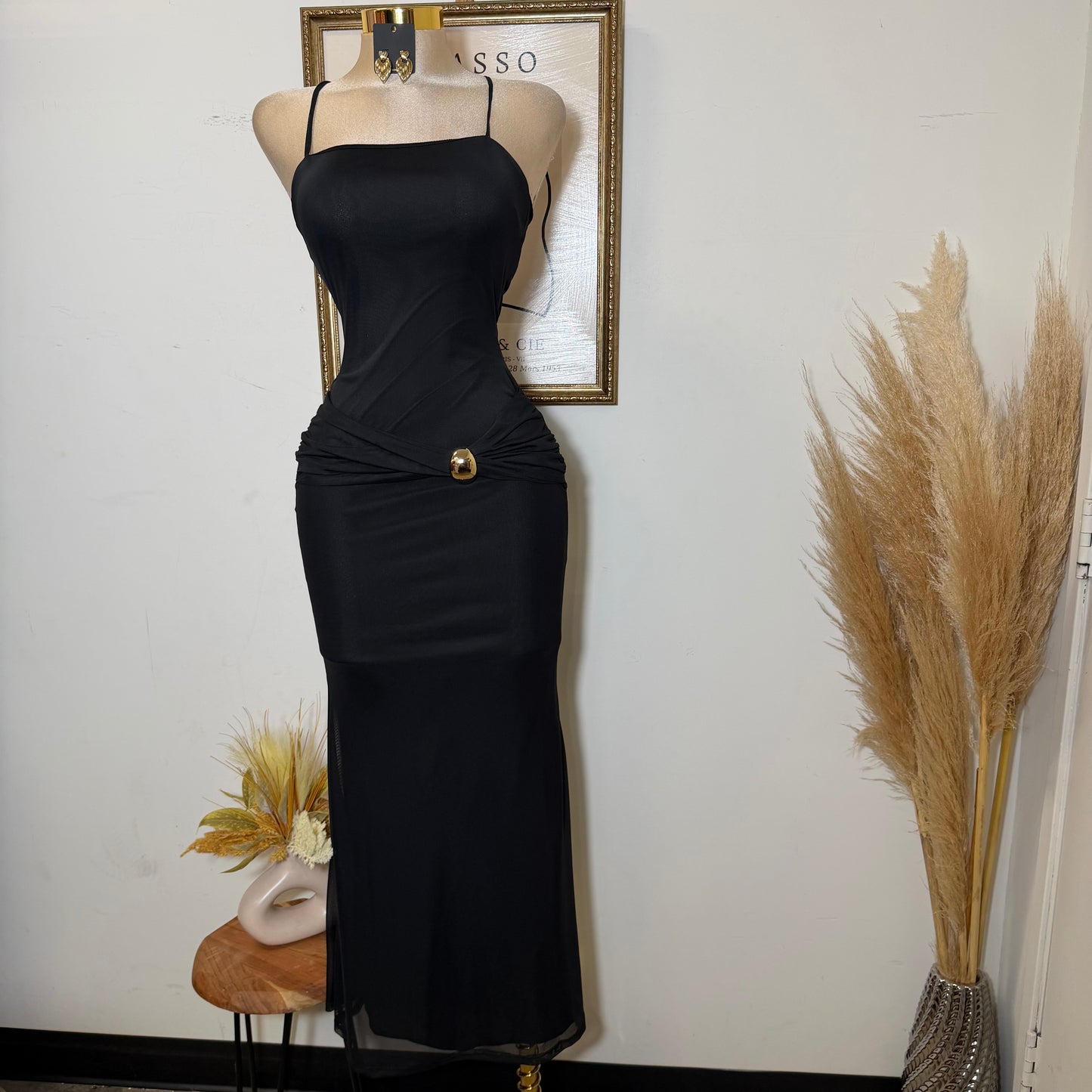 Solid Mesh Back Criss Cross Maxi Dress-Black