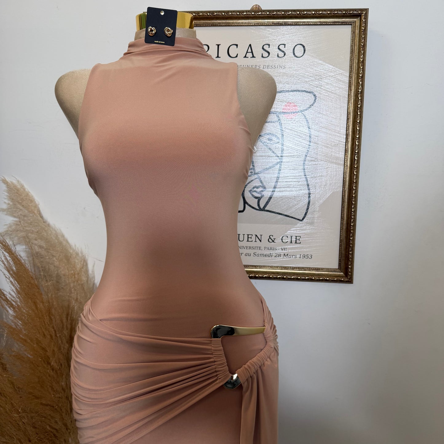 Mock Neck Front Sash With Trim Detail Mini Dress-Nude