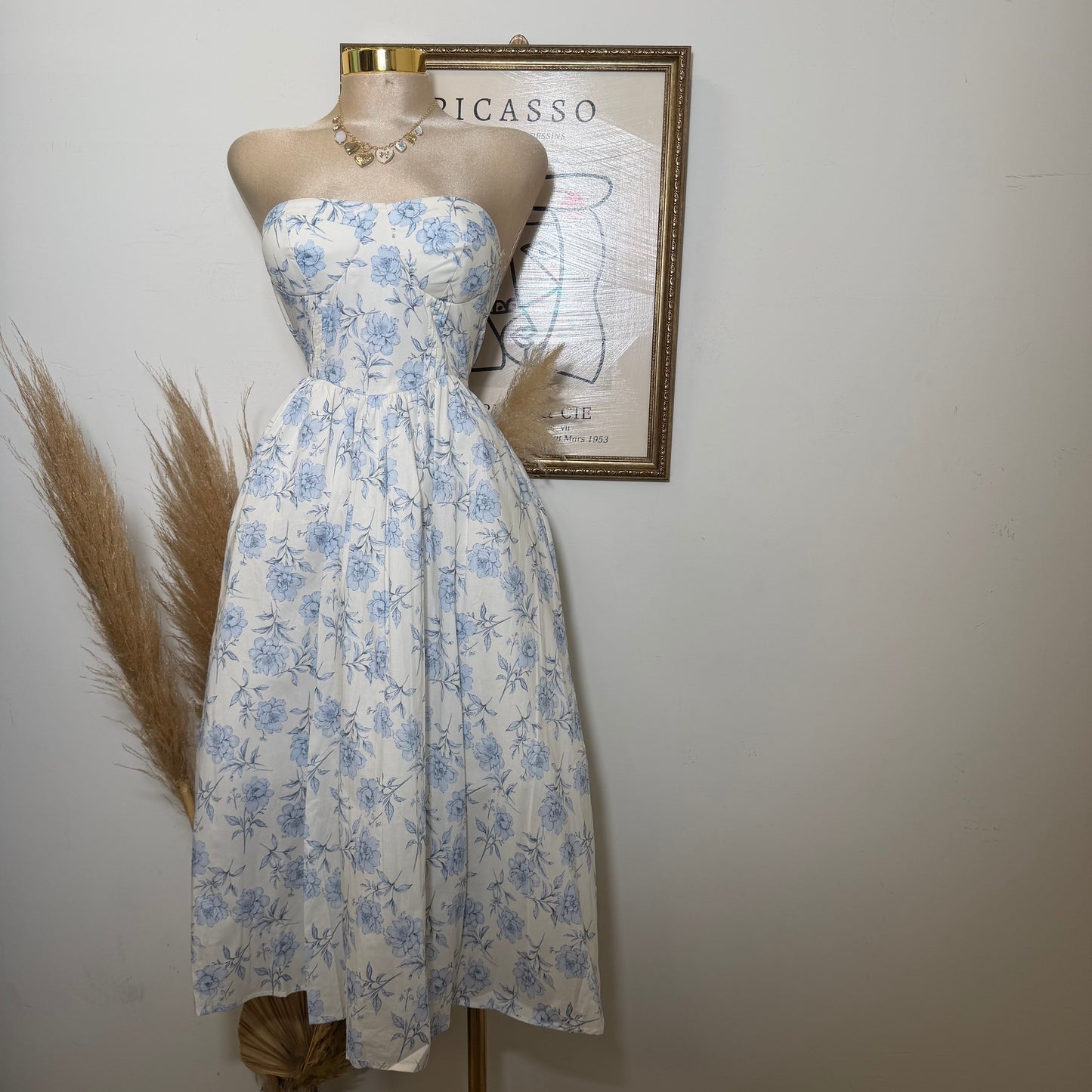 Tube Midi Dress with  Blue Flower-Blue