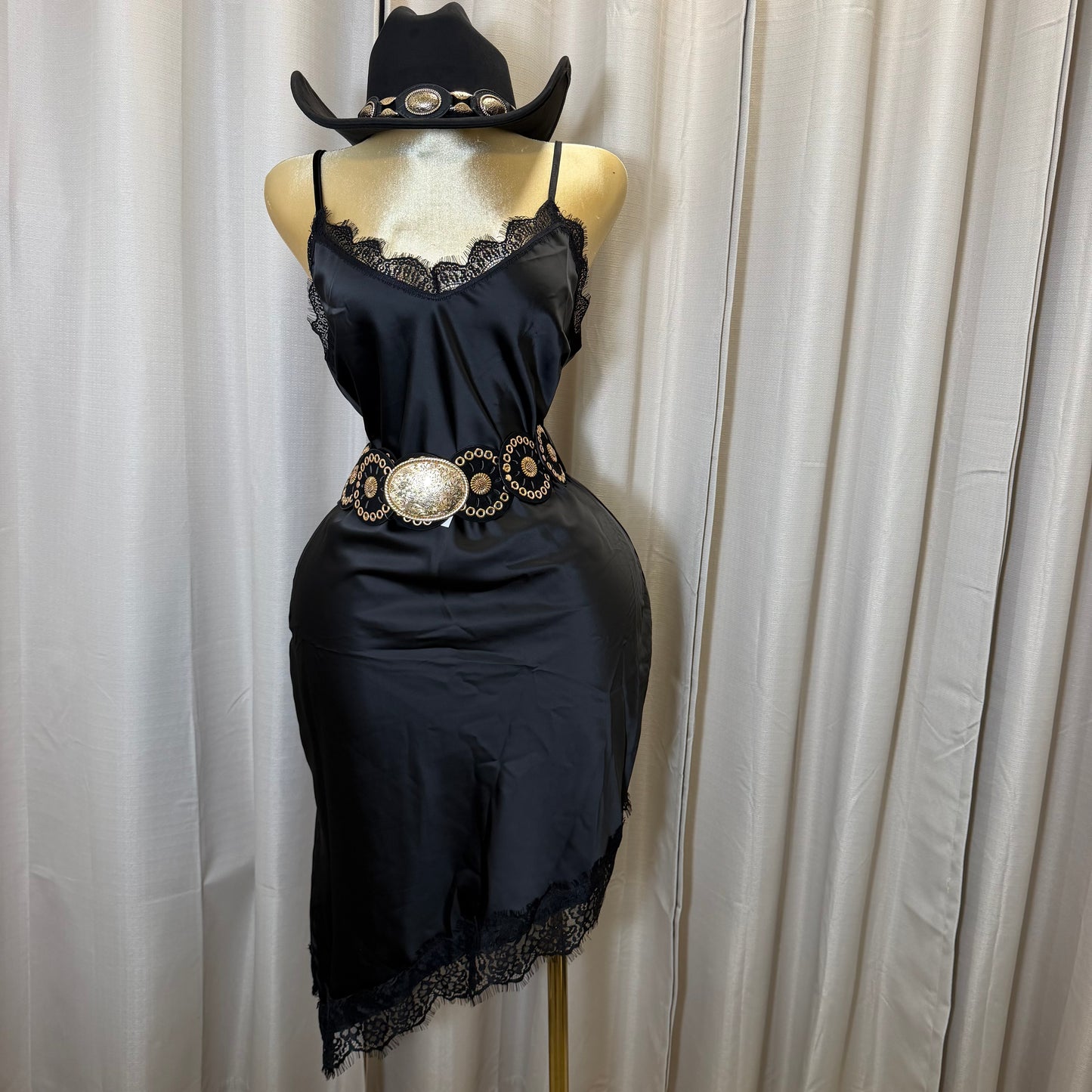 PL-Satin Lace Asymmetrical Dress-Black