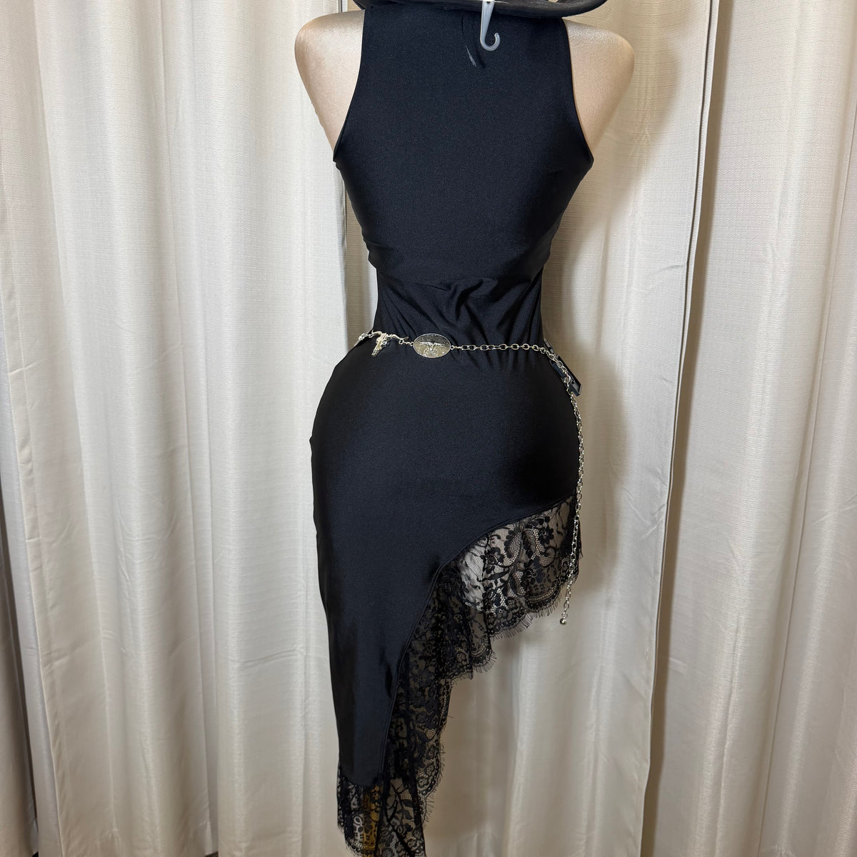 Mock neck Asymmetrical lace Detail Dress-Black