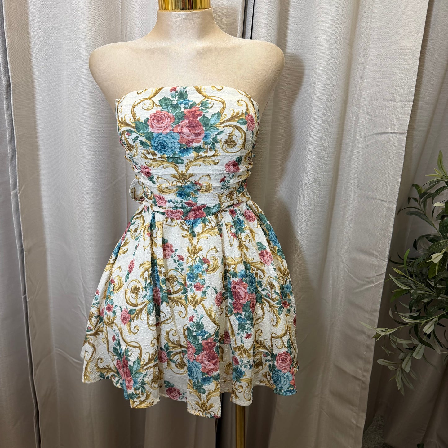 Floral pleated bow Mini Fit and Flare Dress-Multi