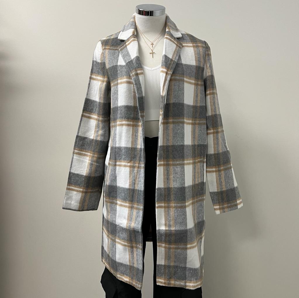 Laila Collared Plaid Wool Blend Full Coat-Grey