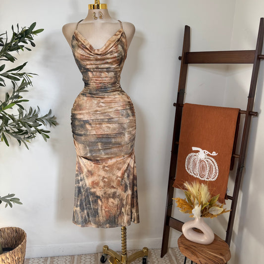 Deep Plunge Halter Neck Ruched A-Line Midi Dress-Brown Gold Multi