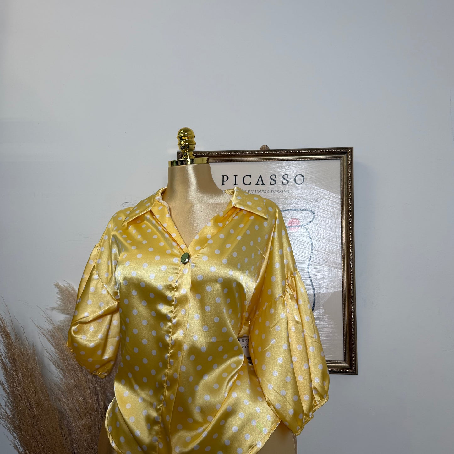 PL-Button Up Bomber Sleeve Blouse-Yellow