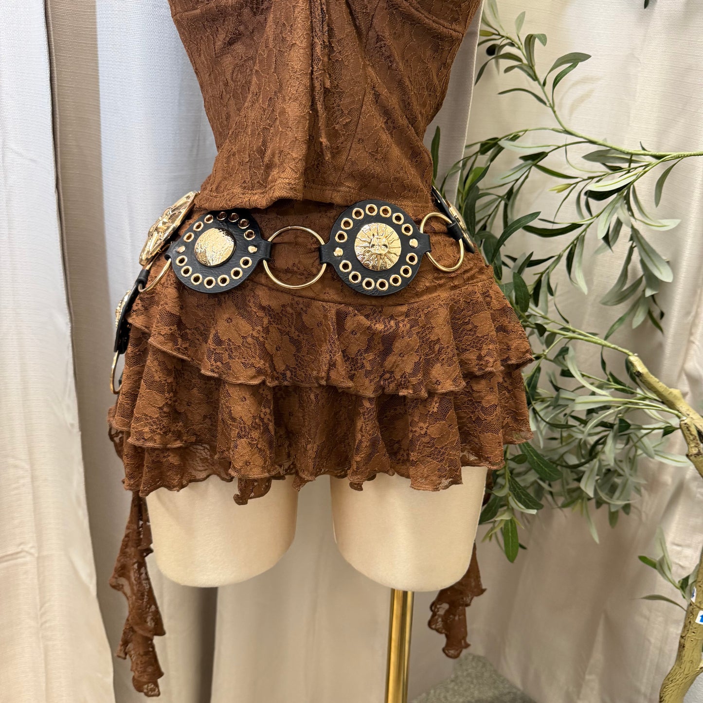 Lace Top and Ruffle Skirt Set-Brown
