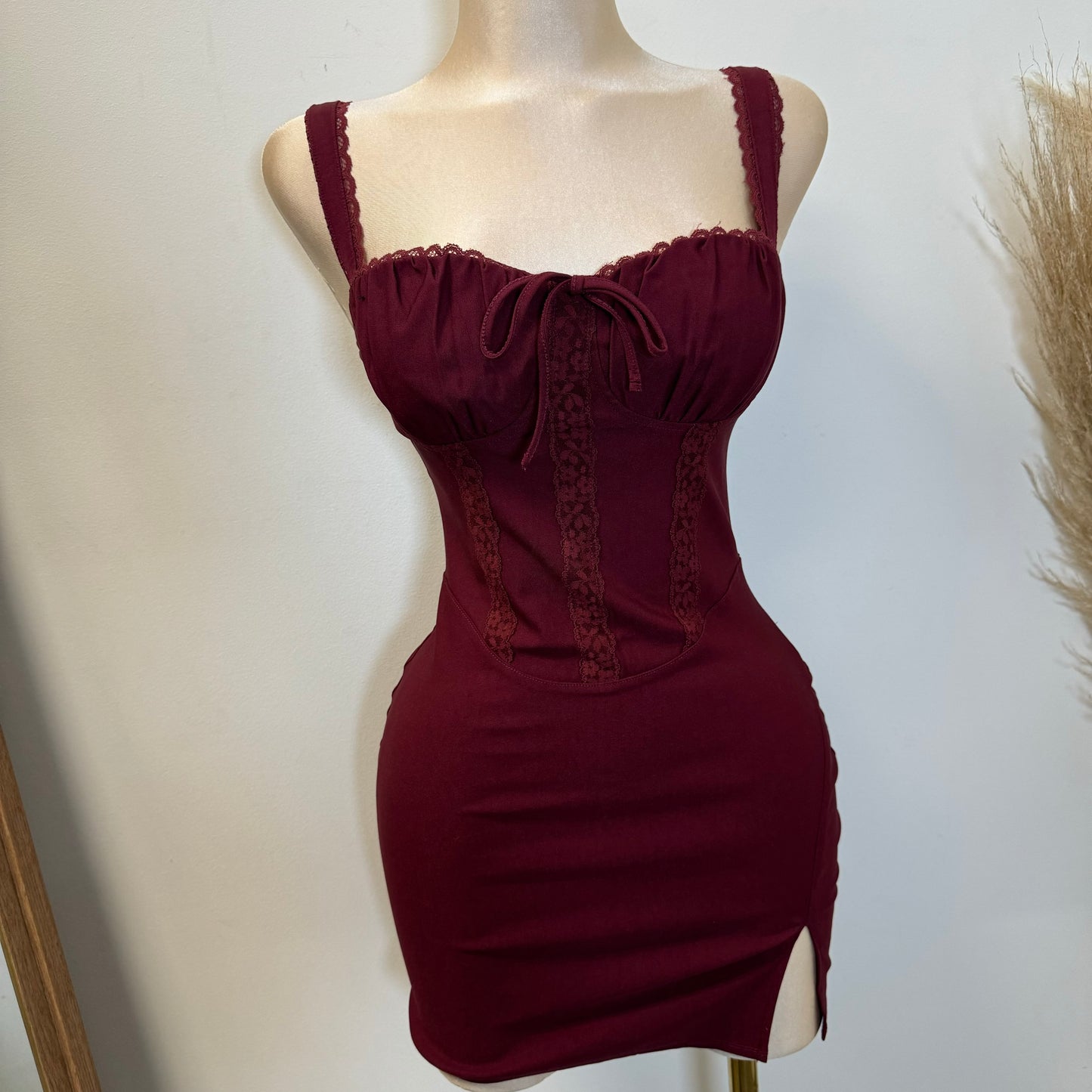 Hera Lace Trim Mini Dress-Burgundy