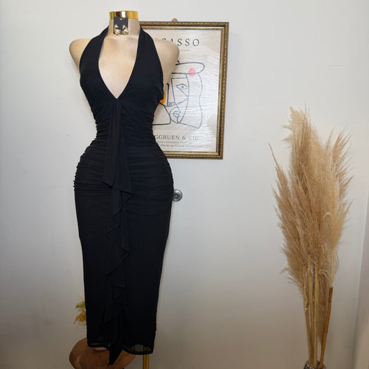 Mesh Midi Dress W/ a Front Sash-Black