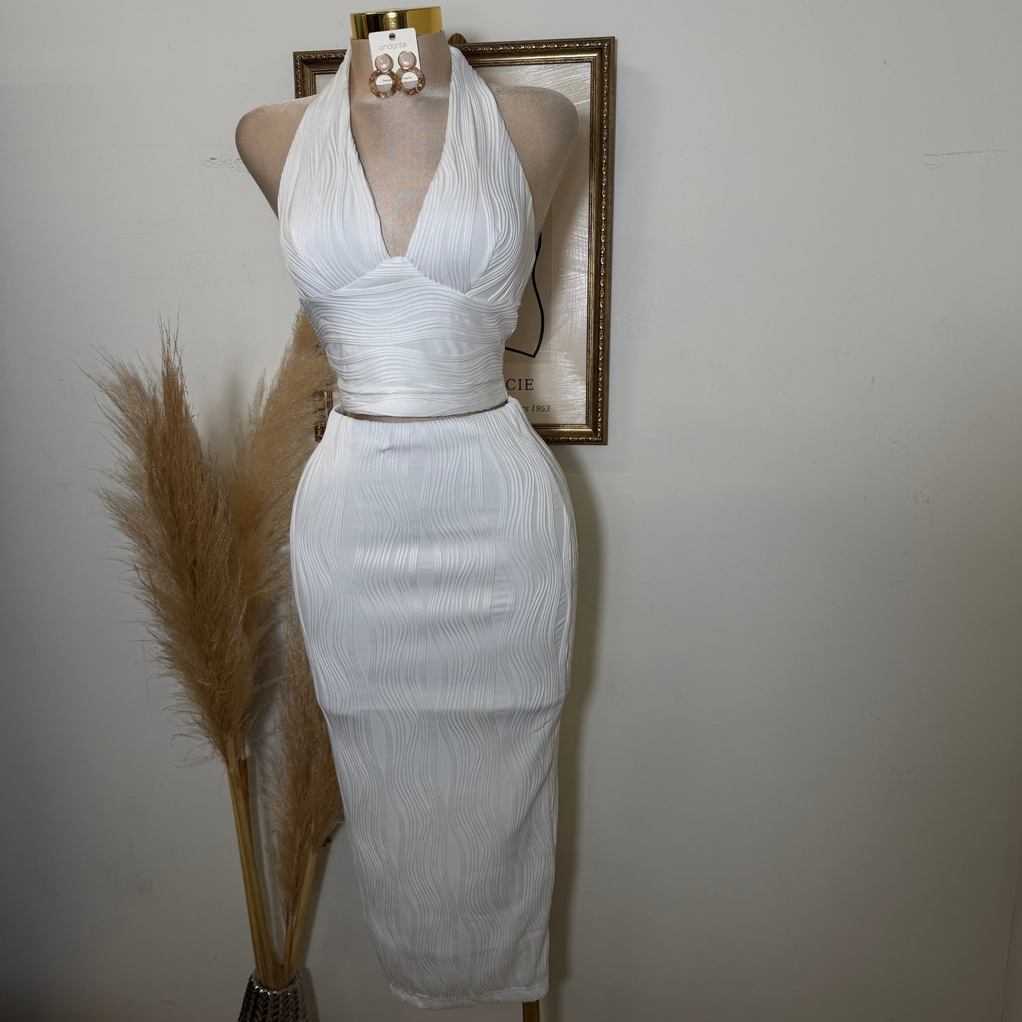 Halter Neck and Midi Skirt Set-White