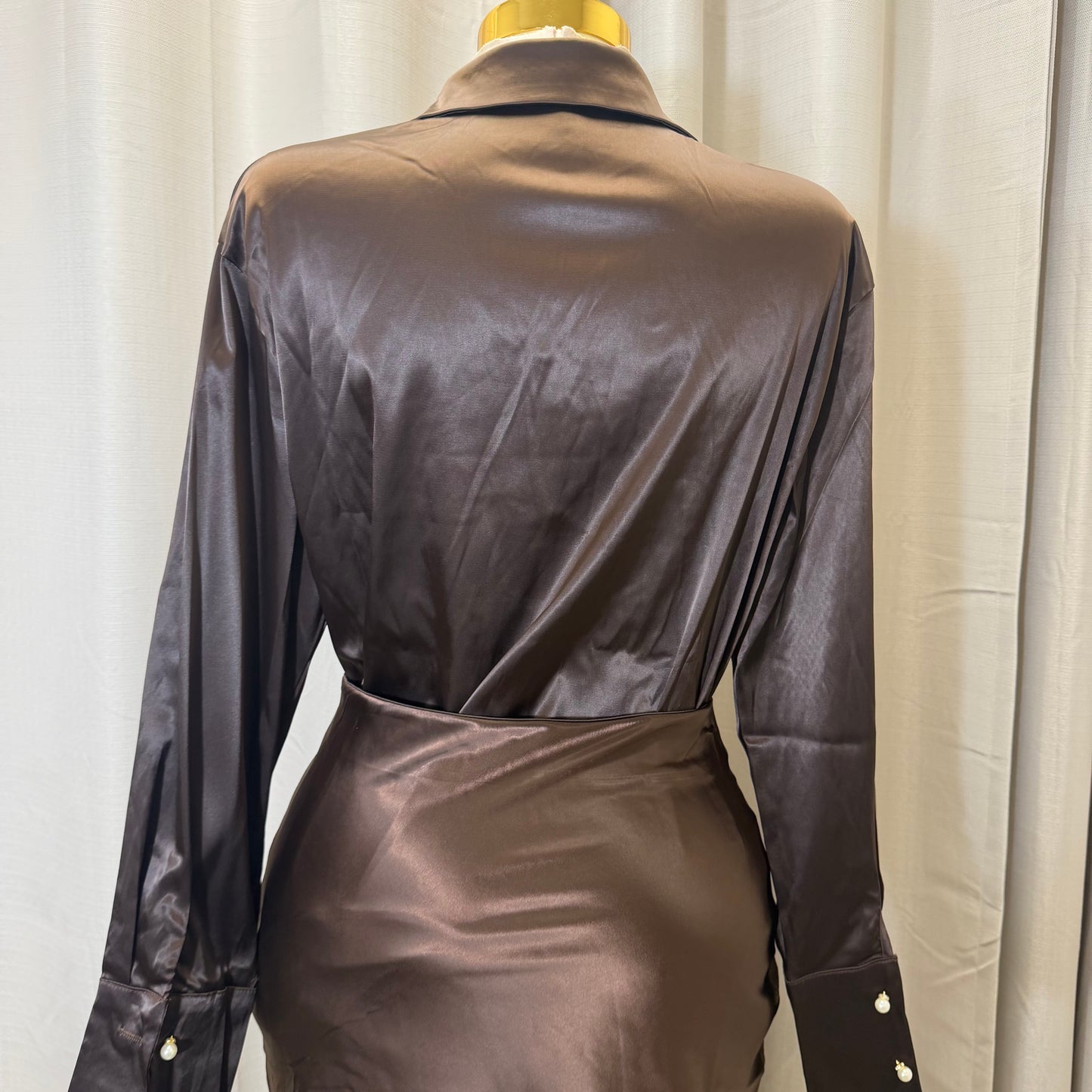 Satin Long Sleeve Top with Lace Skirt-Brown
