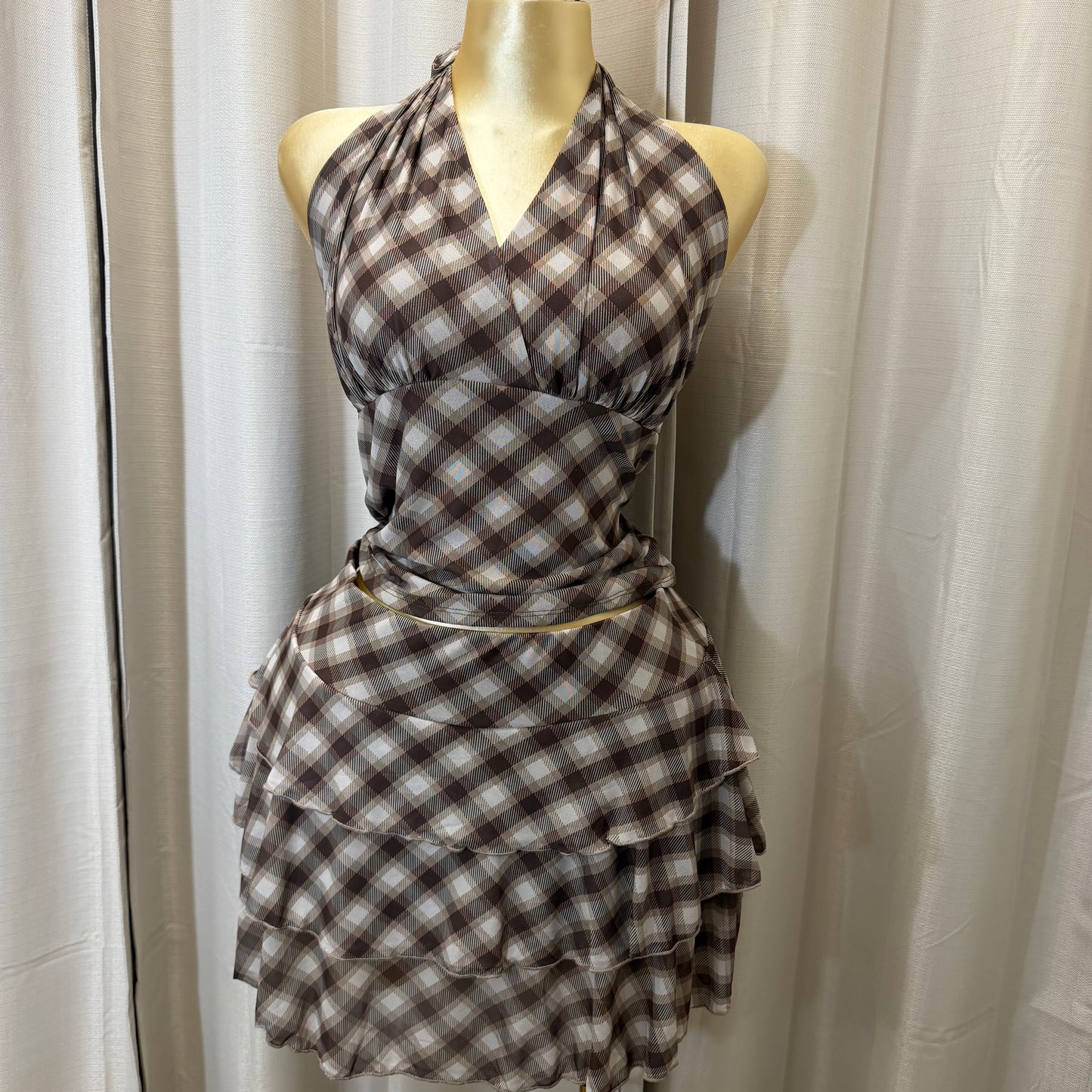 PL-Halter top Flare Skirt Set-Brown/Beige