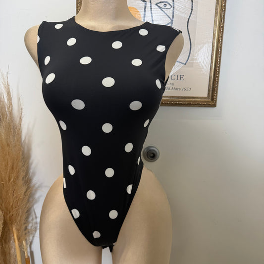 Round Neck Polka Dot Bodysuit-Black