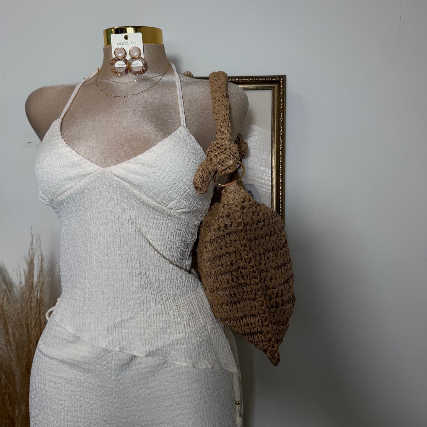 Asymmetrical hem Halter Top Wide leg Set-Ivory