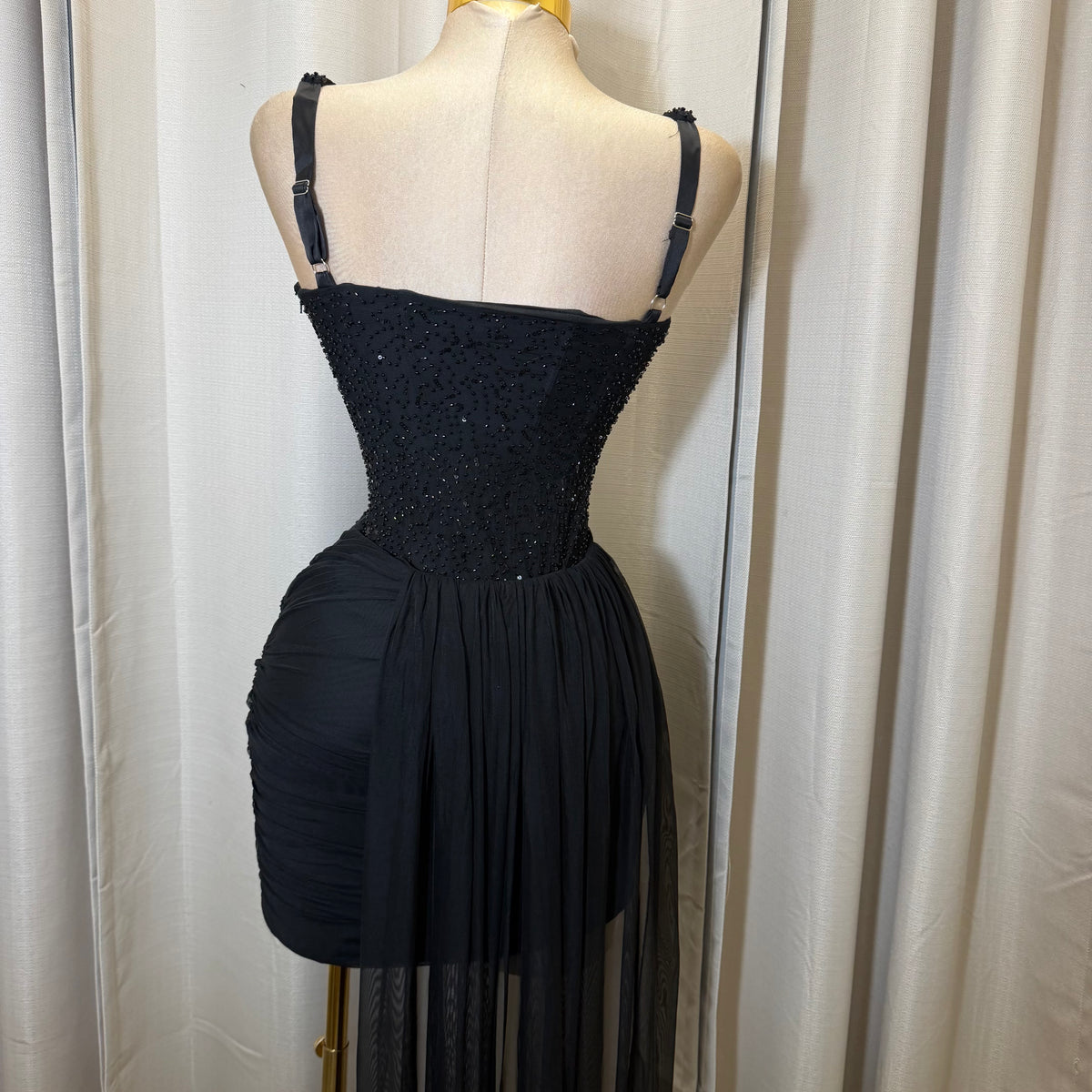 Mesh with beads Sequin Sweetheart neckline Corset dress-Black