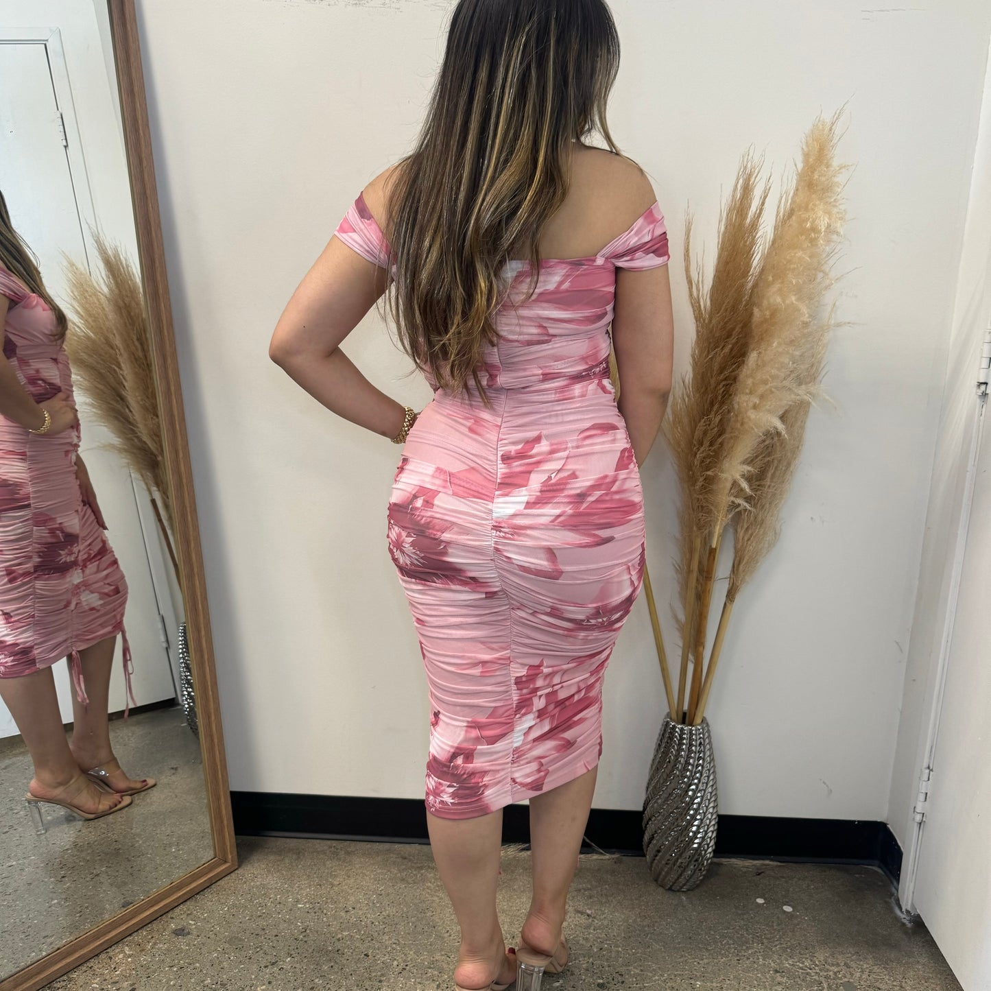 Floral Print Off Shoulder Ruched Dress-Pink