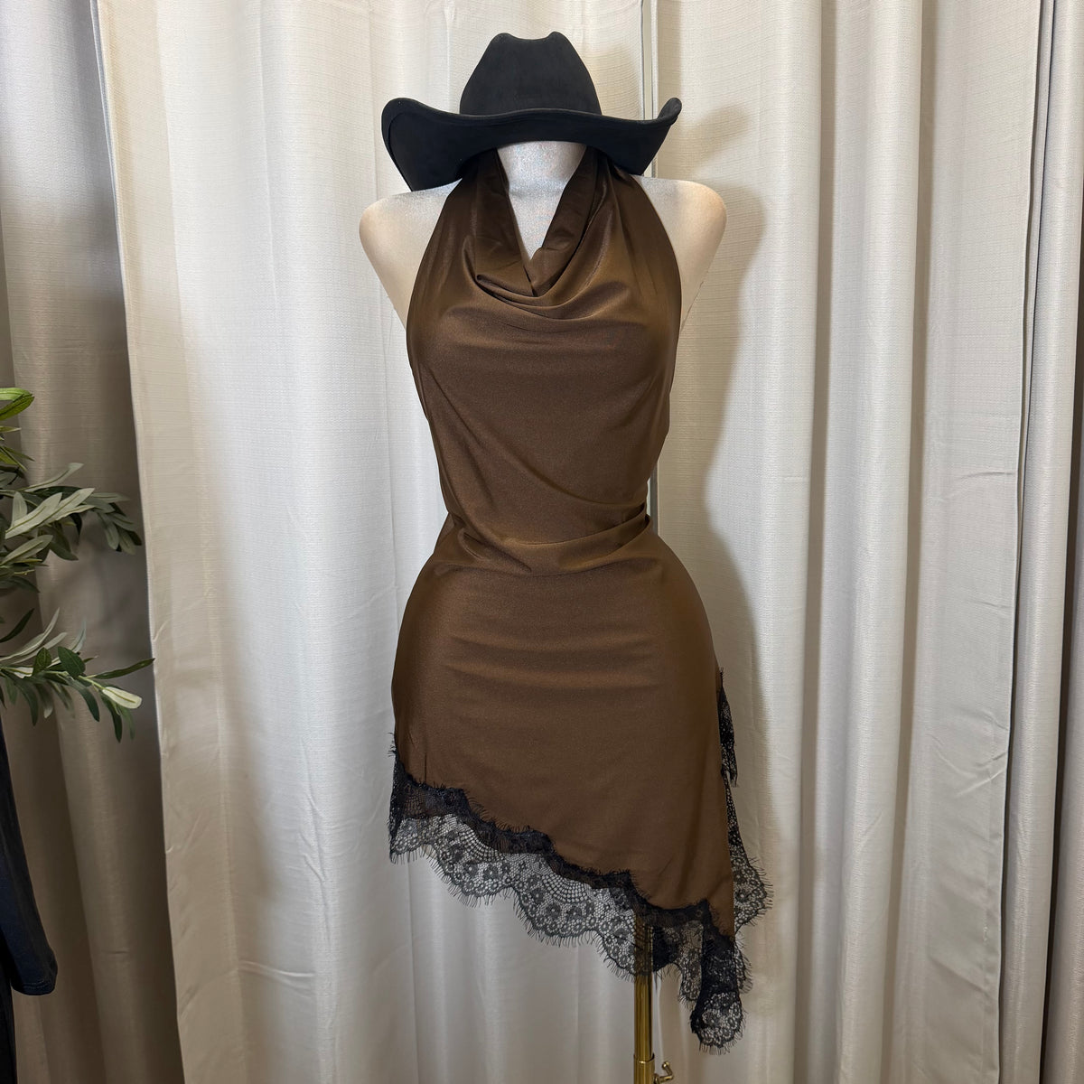Halter Asymmetrical Lace detail Dress-Brown/Black