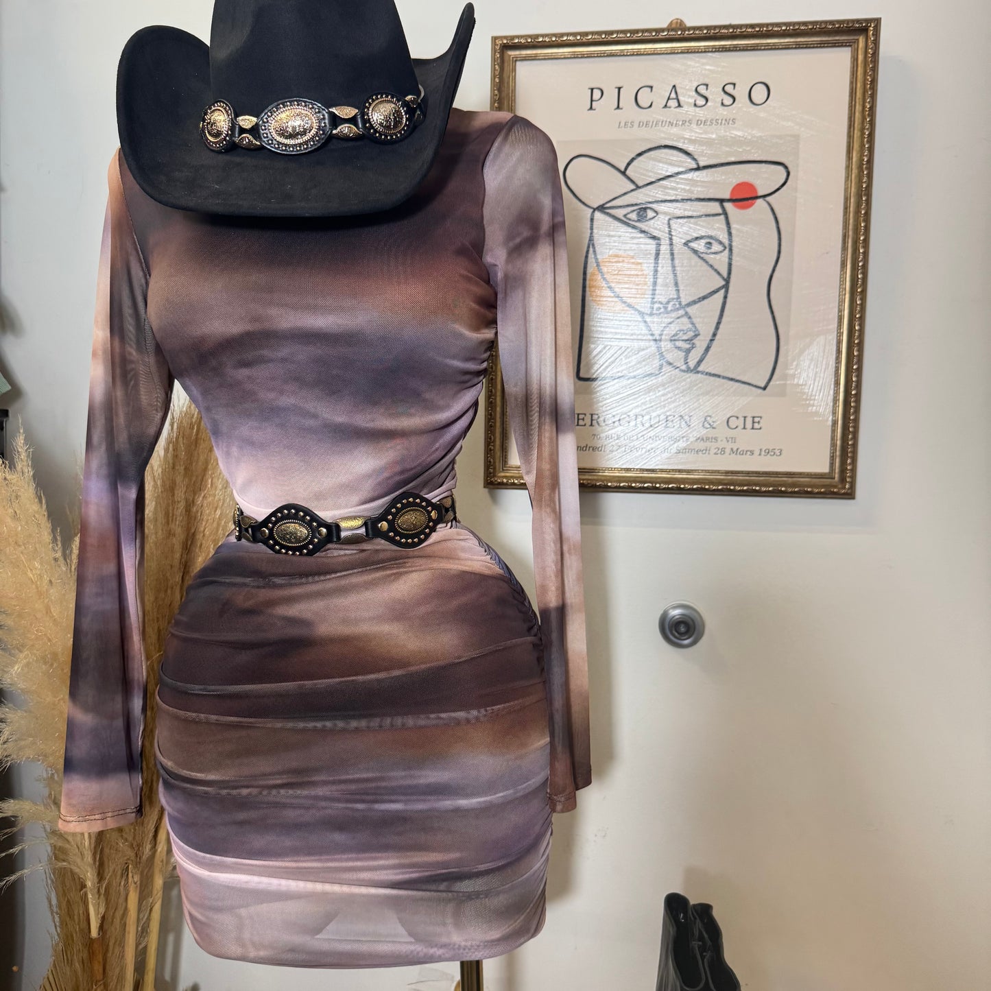 Multi Colored Mesh Long Sleeve Mini Dress-Brown Combo