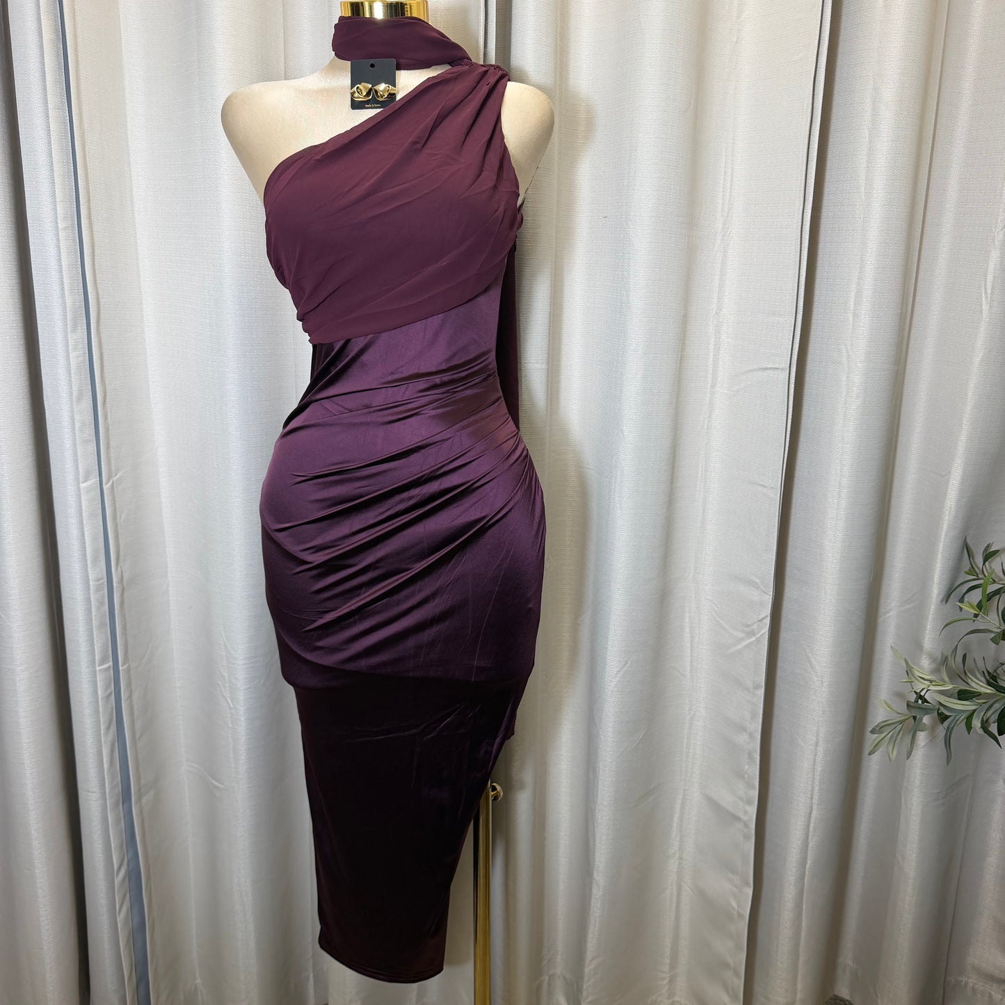 Pearl Satin with Chiffon Sash one Shoulder Dress-Plum