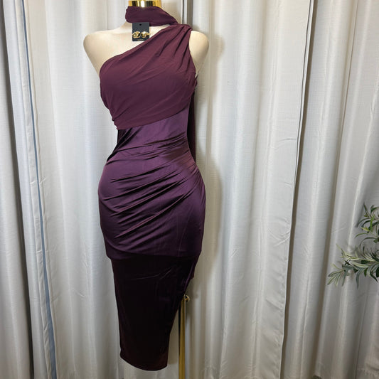 Pearl Satin with Chiffon Sash one Shoulder Dress-Plum