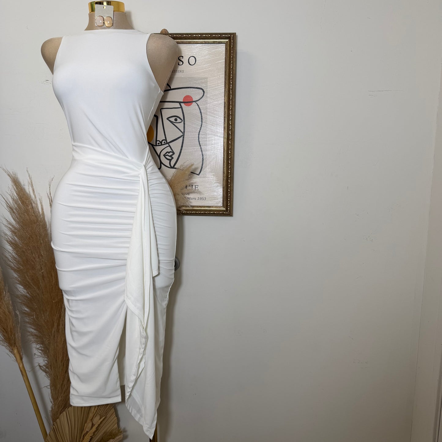 Sleeveless Mock Neck Ruffle Midi Dress-Ivory
