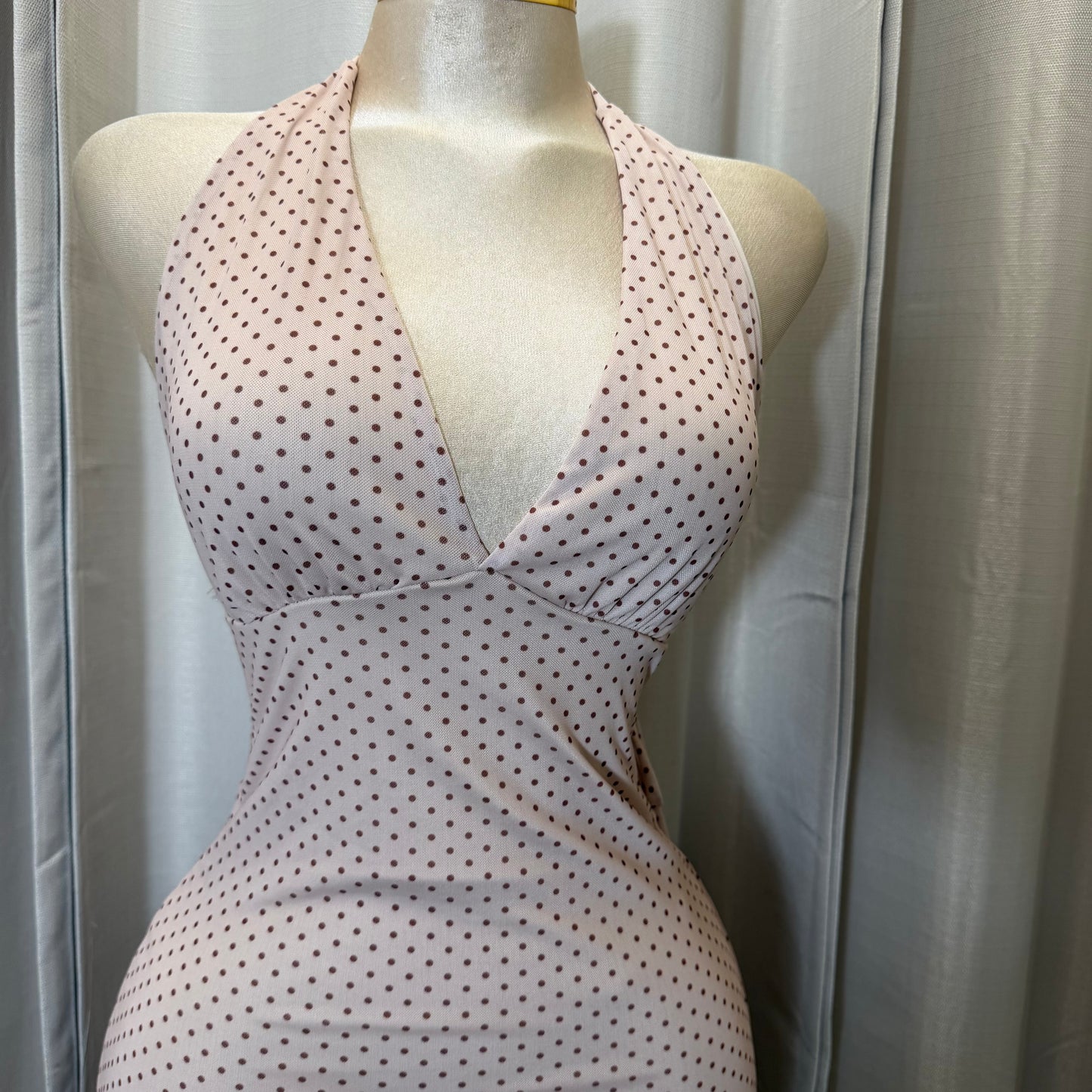 Polka Dot Mesh Halter Maxi Dress-BEIGE