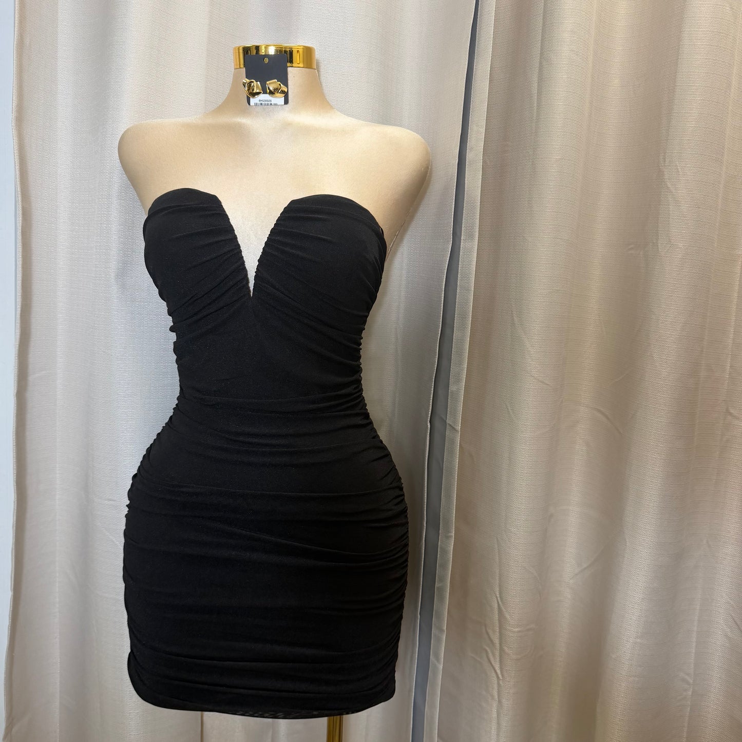 STRAPLESS RUCHED MESH MINI DRESS-Black