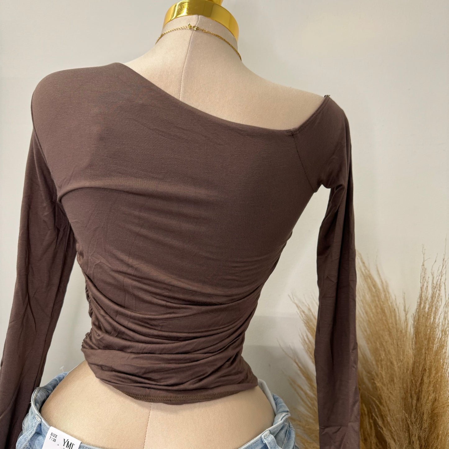 One Shoulder Long Sleeve Top-Brown