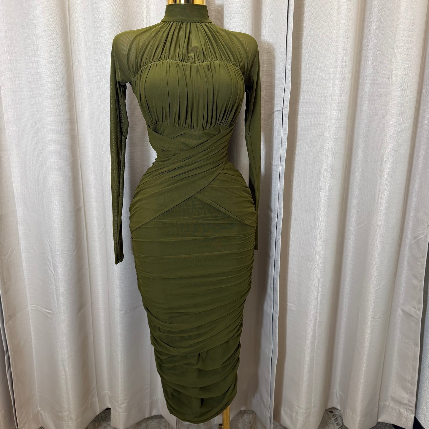 Long sleeve Mesh  Dress-Olive