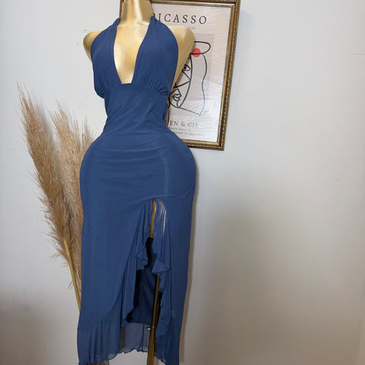 Halter Ruffle Slit Maxi Dress-Navy