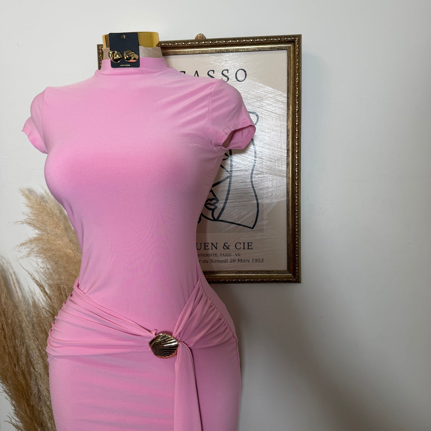 Shelf Gold Trim with Sash Detail Midi Dress-Pink