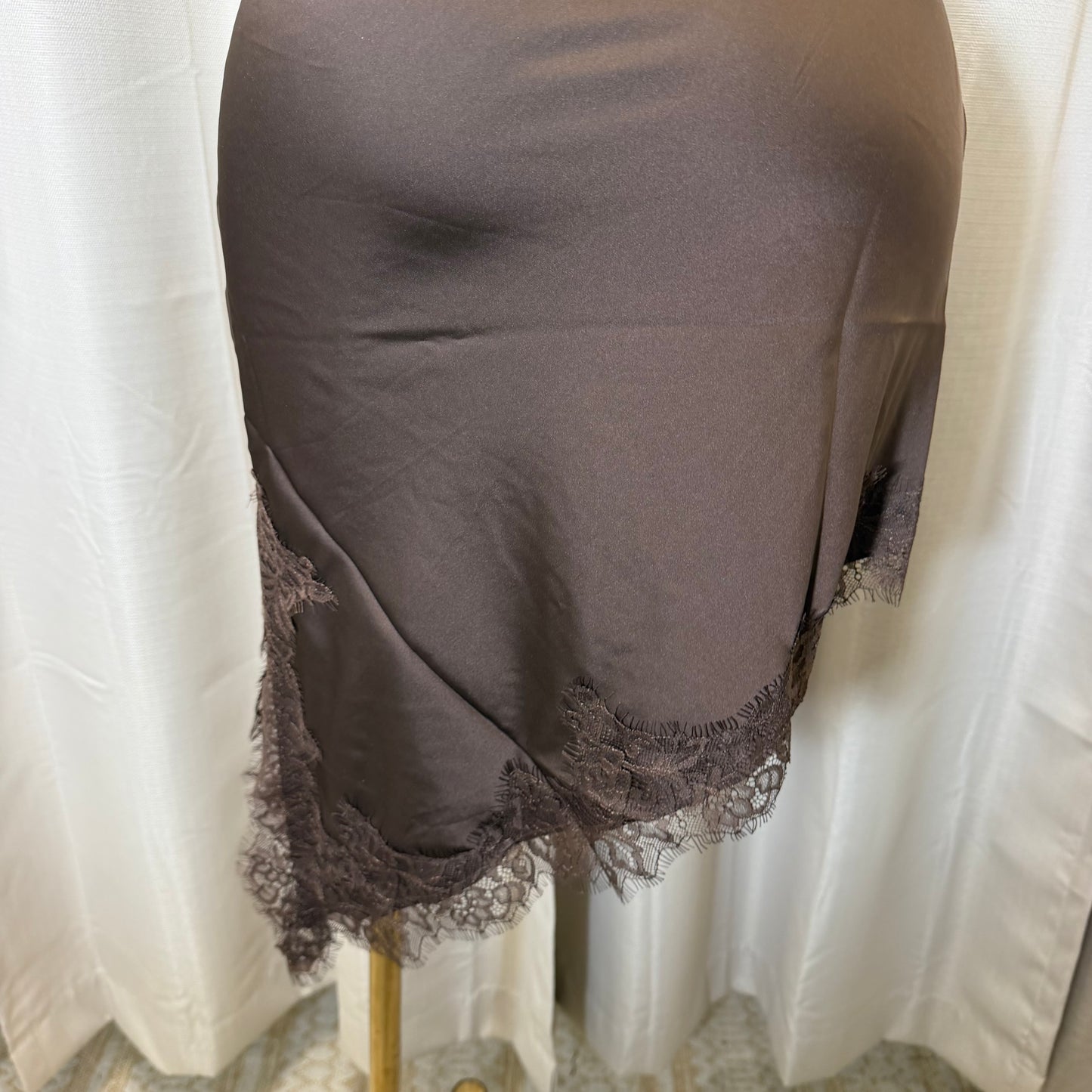 Satin Asymmetrical Lace detail Dress-brown