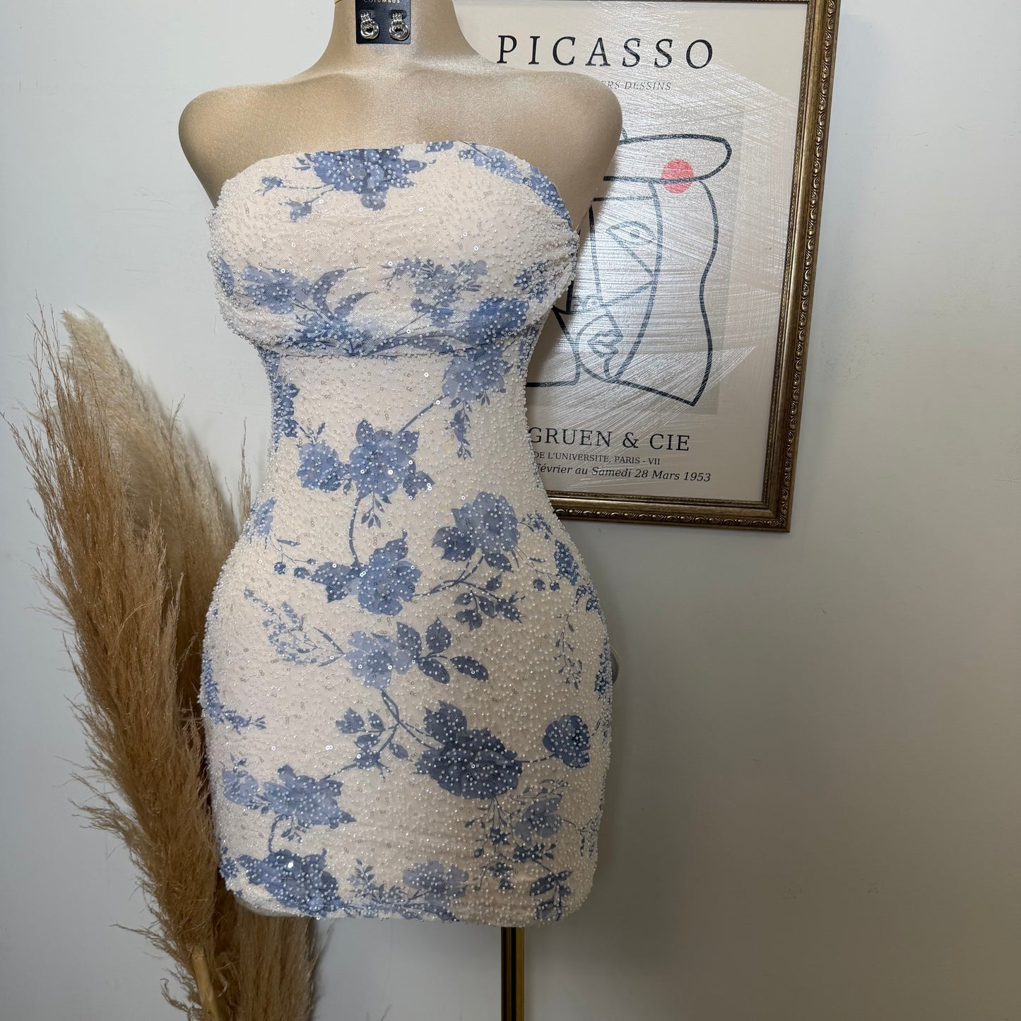Floral beading pleated bust Bodycon Mini Dress-Ivory/Blue