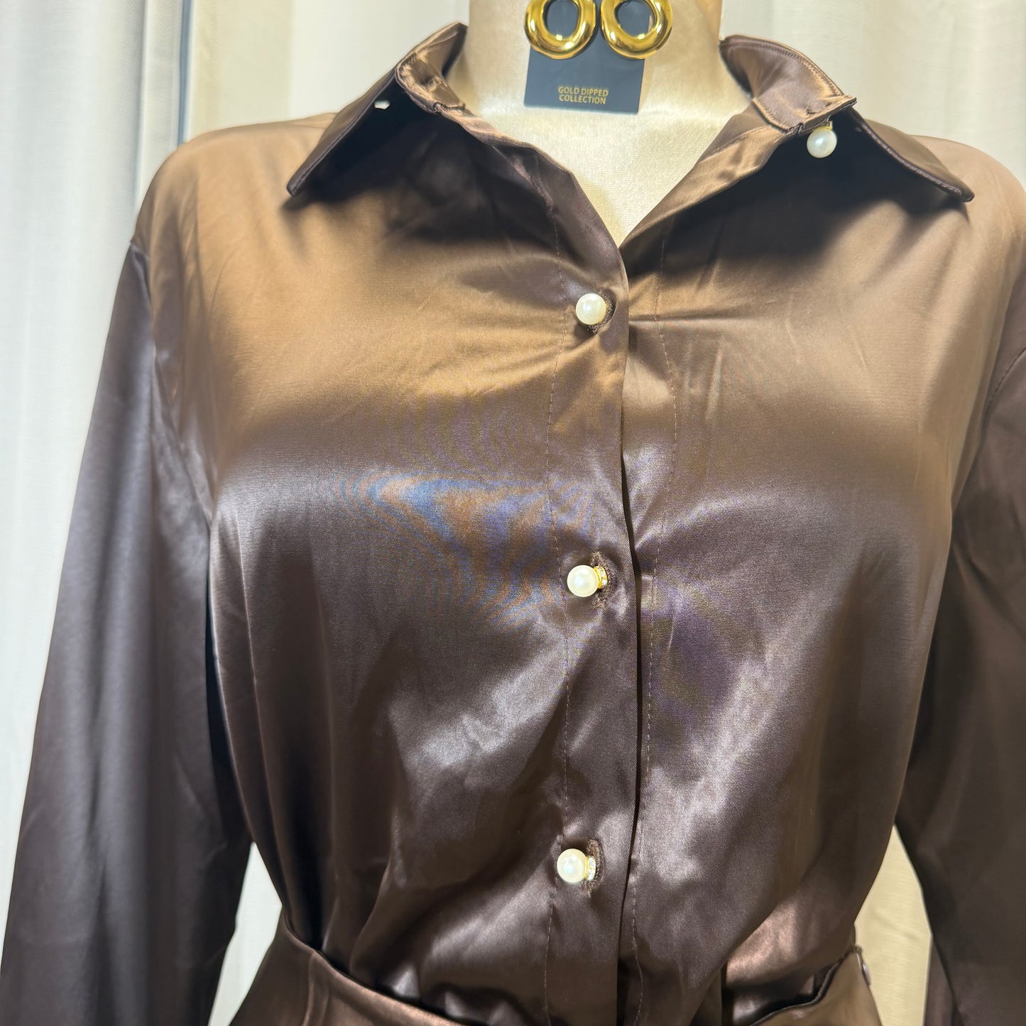 Satin Long Sleeve Top with Lace Skirt-Brown
