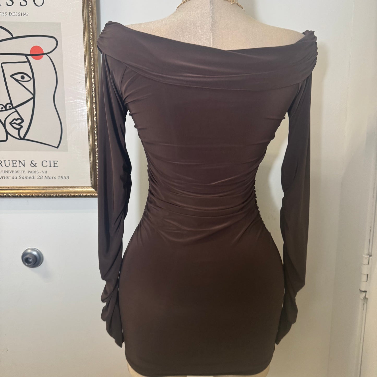 Long Sleeve Off Shoulder Ruched Mini Dress-Brown