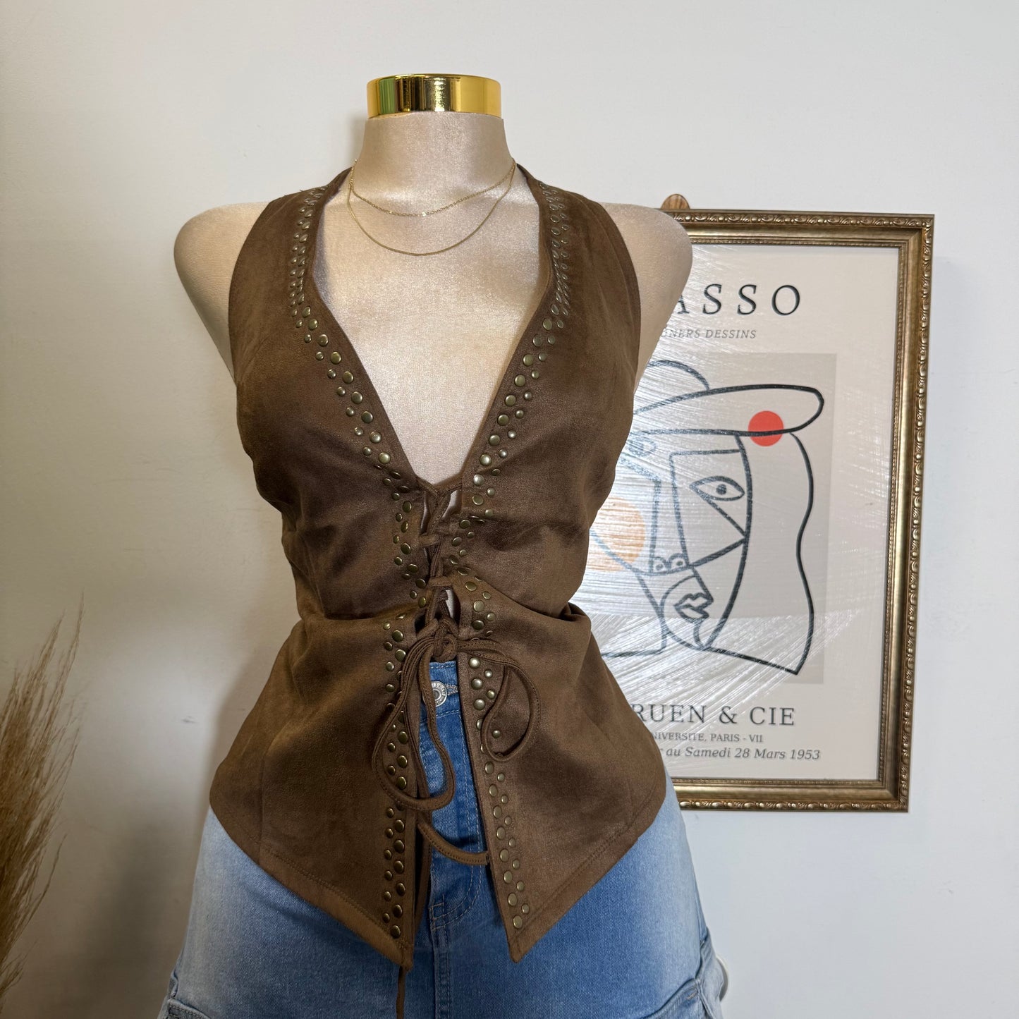 Suede Stud Detail Lace up Halter Top-Brown