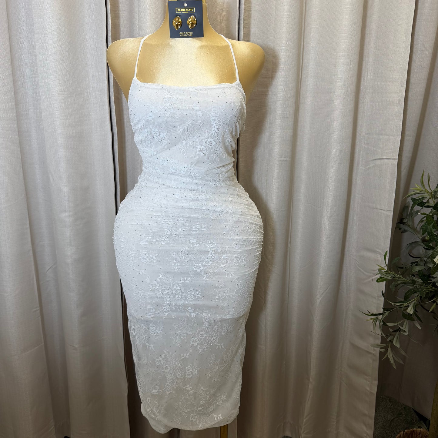 LACE RUCHED MIDI DRESS-White/Ivory