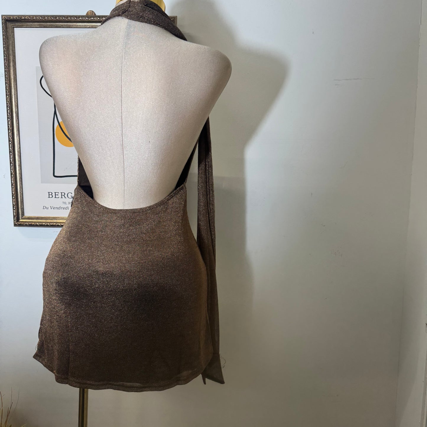 Cowl Halter Scarf Metallic Chainmail Mini Dress-Brown