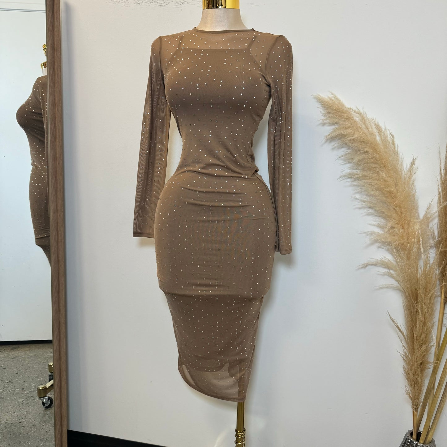 Faviana Mesh Dress-Khaki