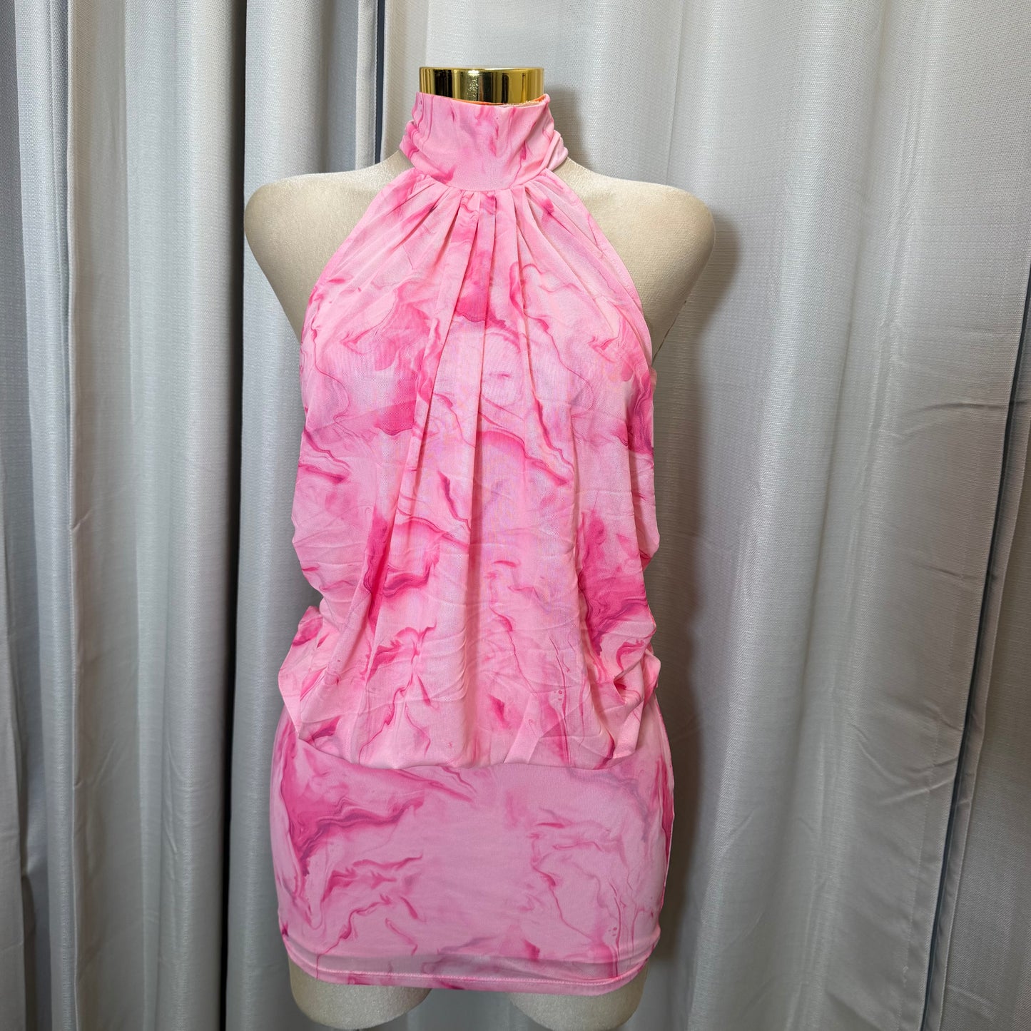 Halter Blouson Bodycon Mini Dress-Pink